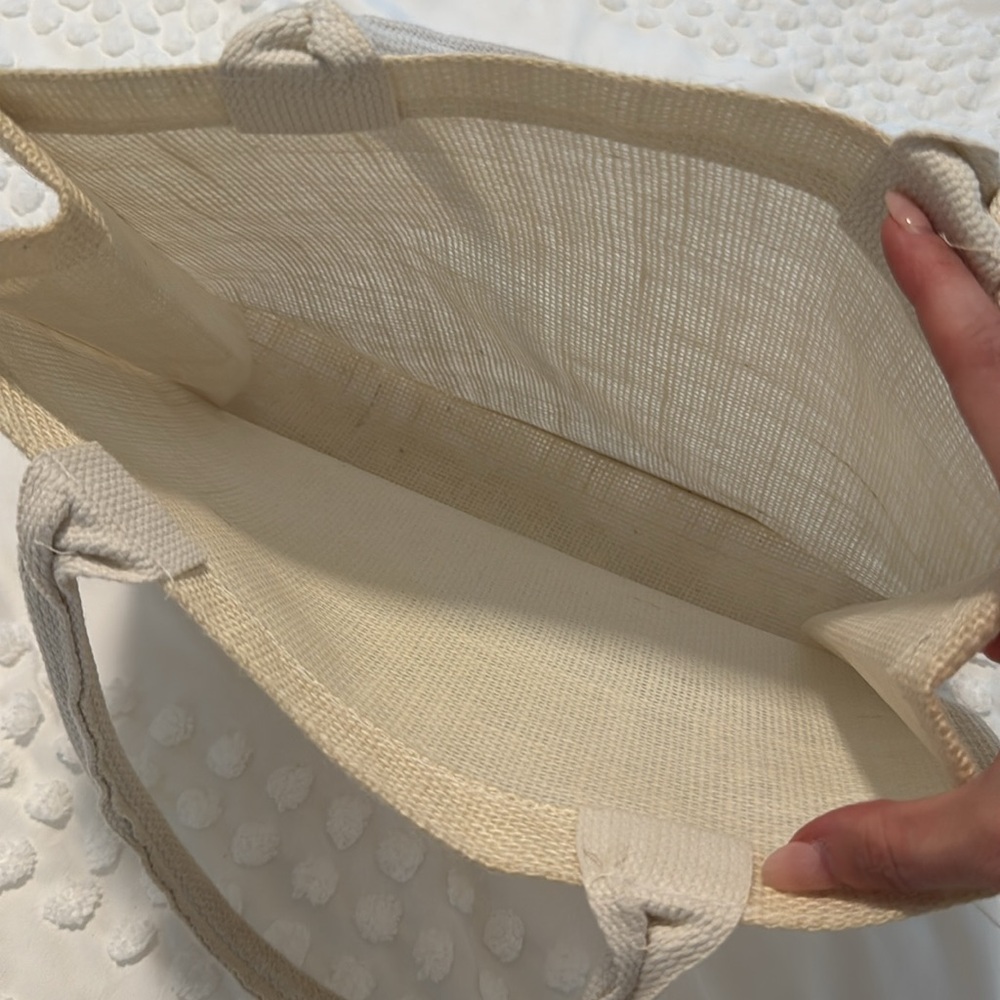 Trendy Linen Wicker Tote Bag Tan Cream Handles - Picture 4 of 9